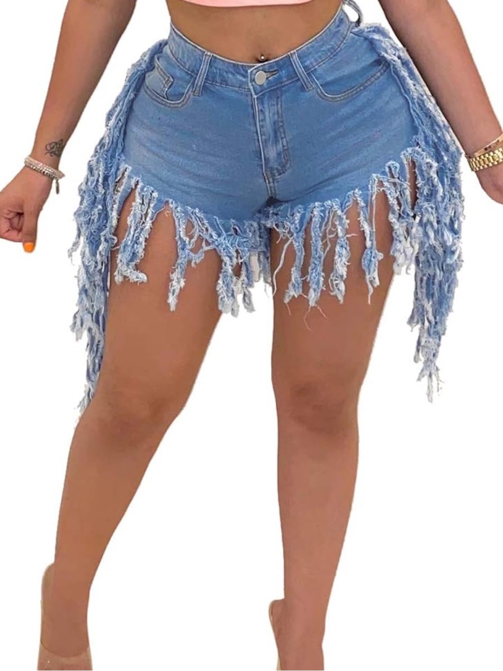 High-Rise Light Blue Distressed Fringe Denim Shorts